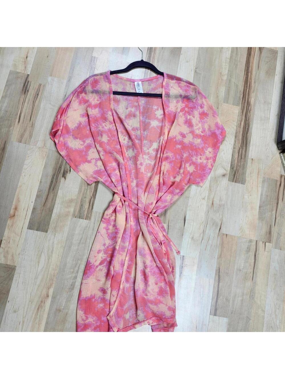 Aqua Couture Pink Tie Dye Sheer Kimono Robe Cover Up Size L